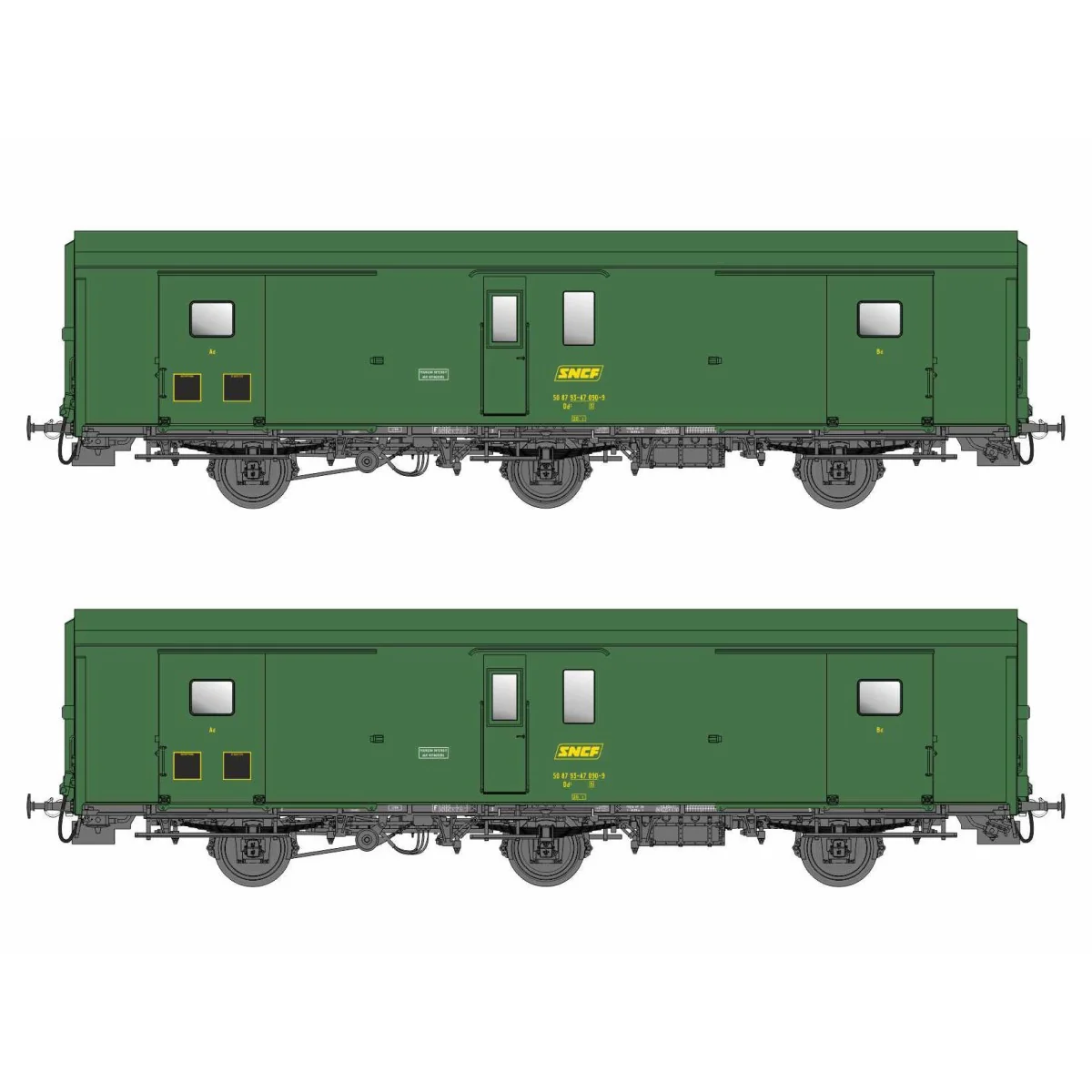 Models World 108 Set de 2 wagons fourgons 3 essieux, PLM, Dd2, Vert 301, logo SNCF jaune, ep.IVa, feux fin de convoi Models Worl
