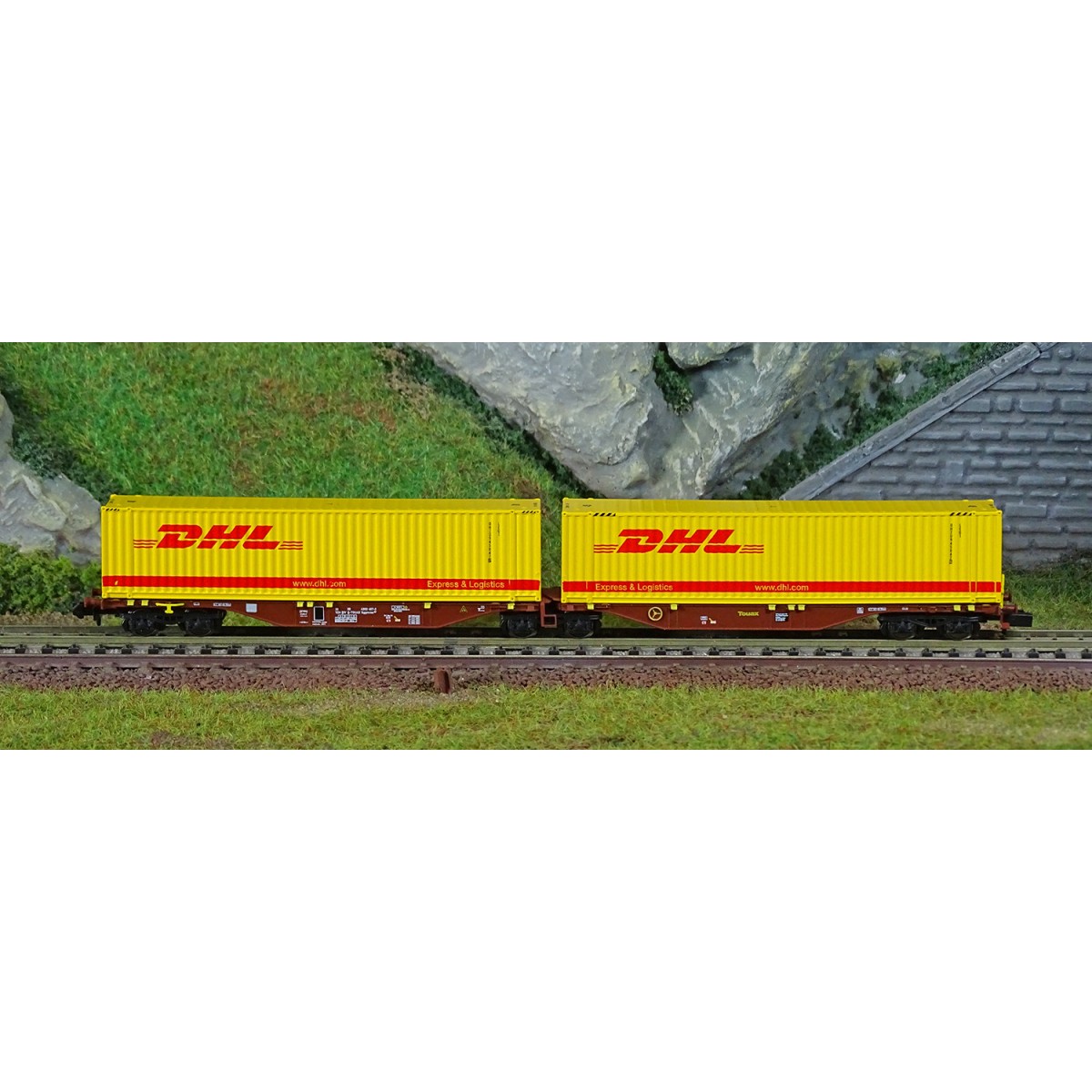 REE Modeles NW236 Wagon porte conteneurs Sggmrss 90 TOUAX, SNCF, 2 conteneurs 45’ DHL, N- 1/160 Ree Modeles NW-236 - 2