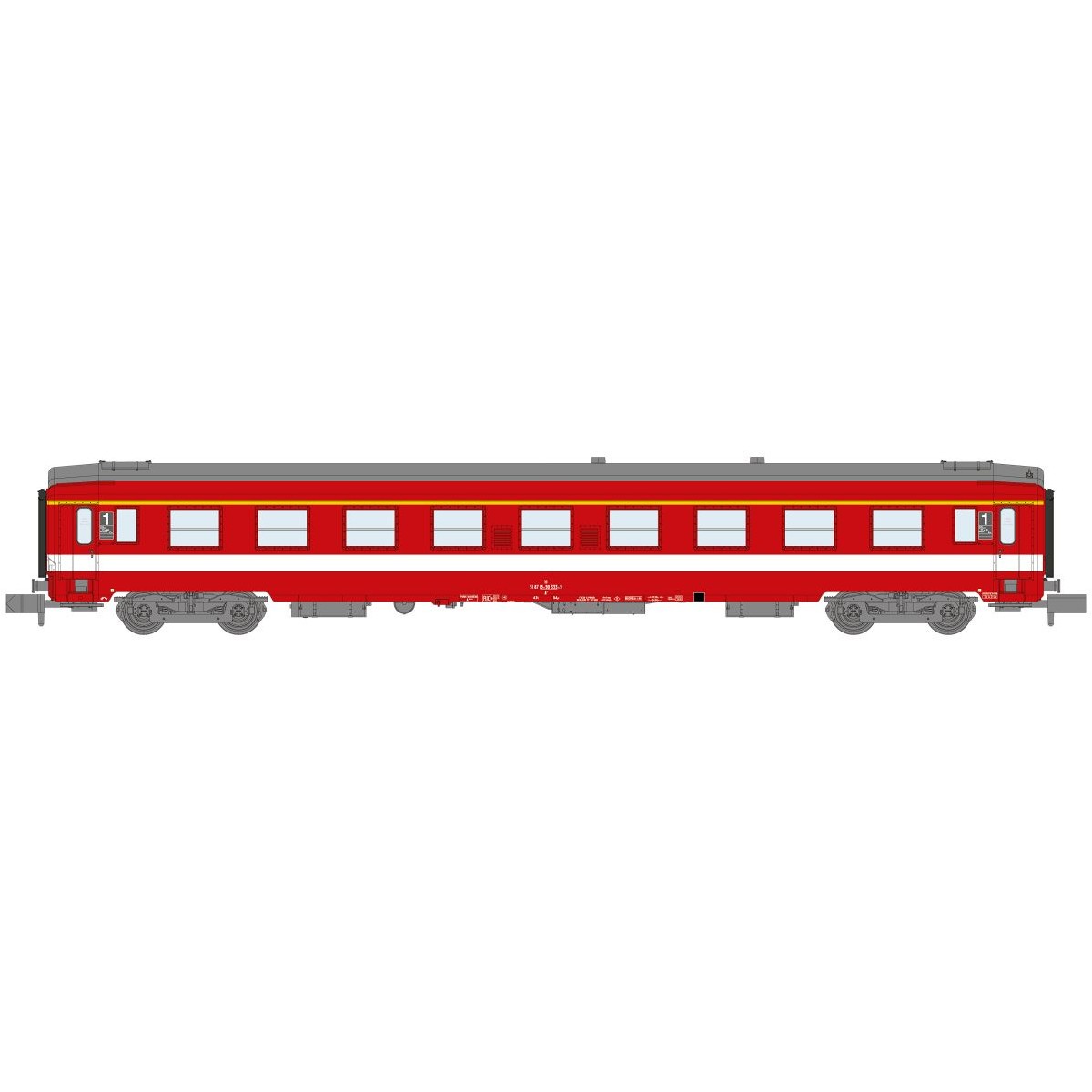 REE Modeles NW331 Voiture voyageurs UIC, SNCF, A9 Rouge, logo Corail, bande de classe jaune, ep.IV, N - 1/160 Ree Modeles NW-331