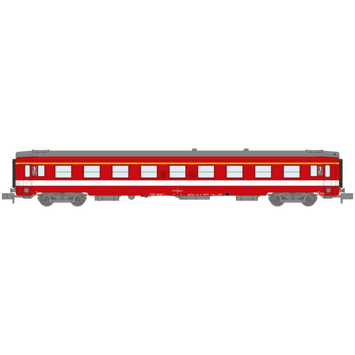 REE Modeles NW332 Voiture voyageurs UIC, SNCF, A9 Rouge, logo Corail, bande de classe jaune, ep.IV, N - 1/160 Ree Modeles NW-332
