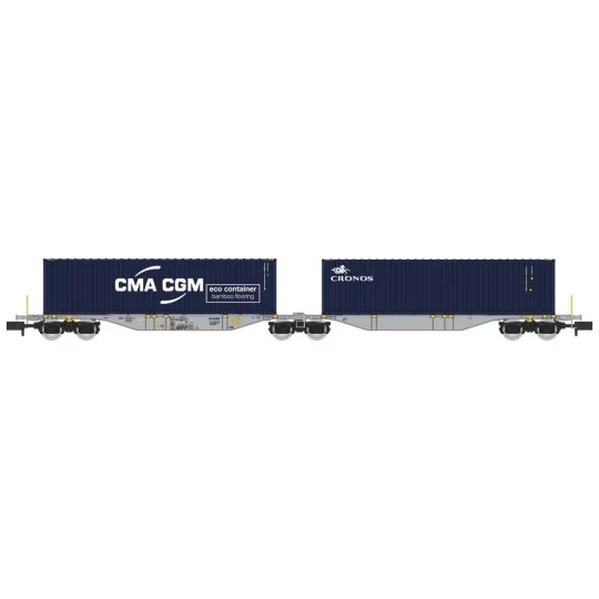 REE Modeles NW328 Container Wagon Sggmrss 90 AEE, SNCF, 2 x 40’ CGA... NW-328-REE Modeles NW328 Container Wagon Sggmrss 90 AEE, SNCF, 2 x 40’ CGA-CGM and Cronos containers