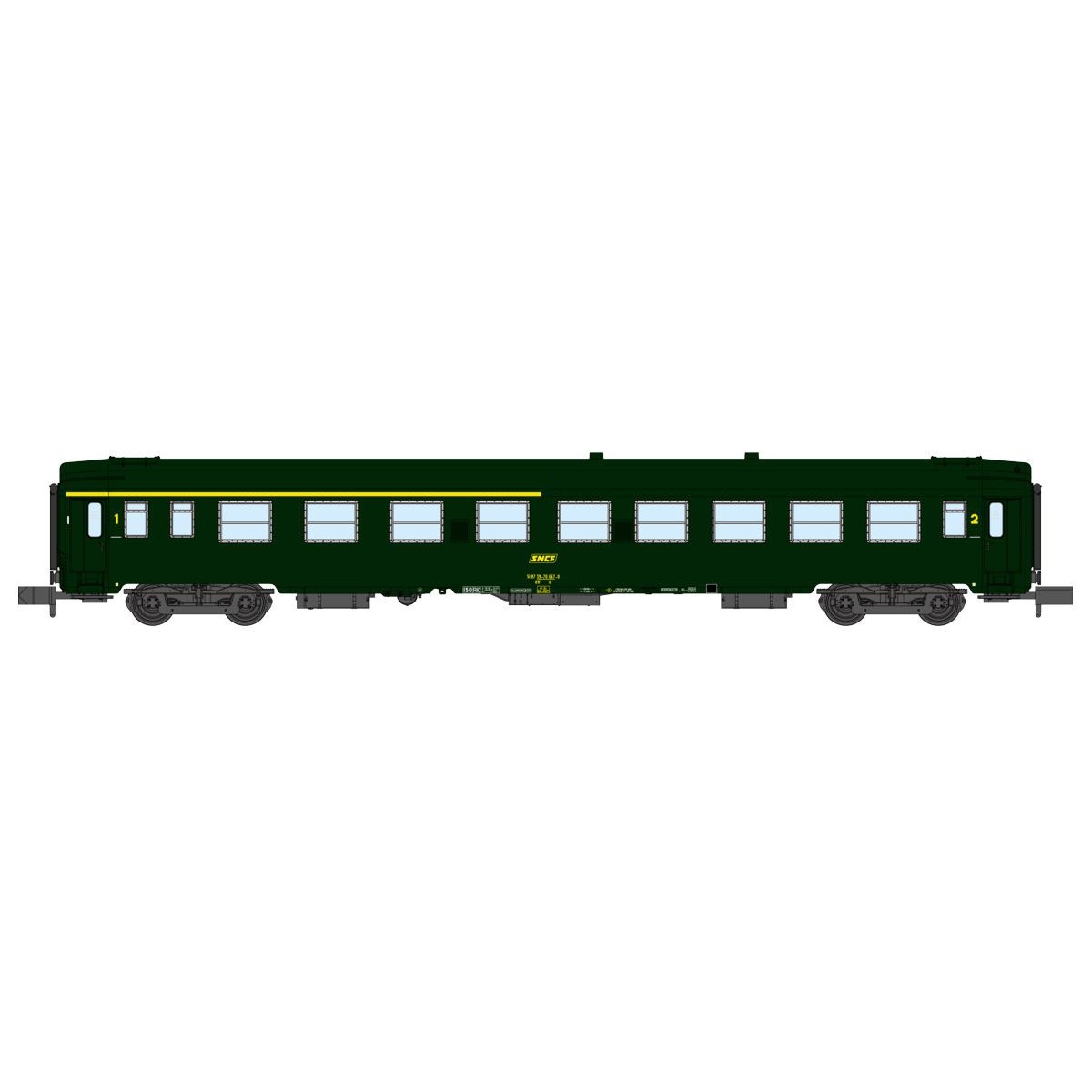 REE Modeles NW257 UIC passenger car, SNCF, A4B5 Green, yellow frame...