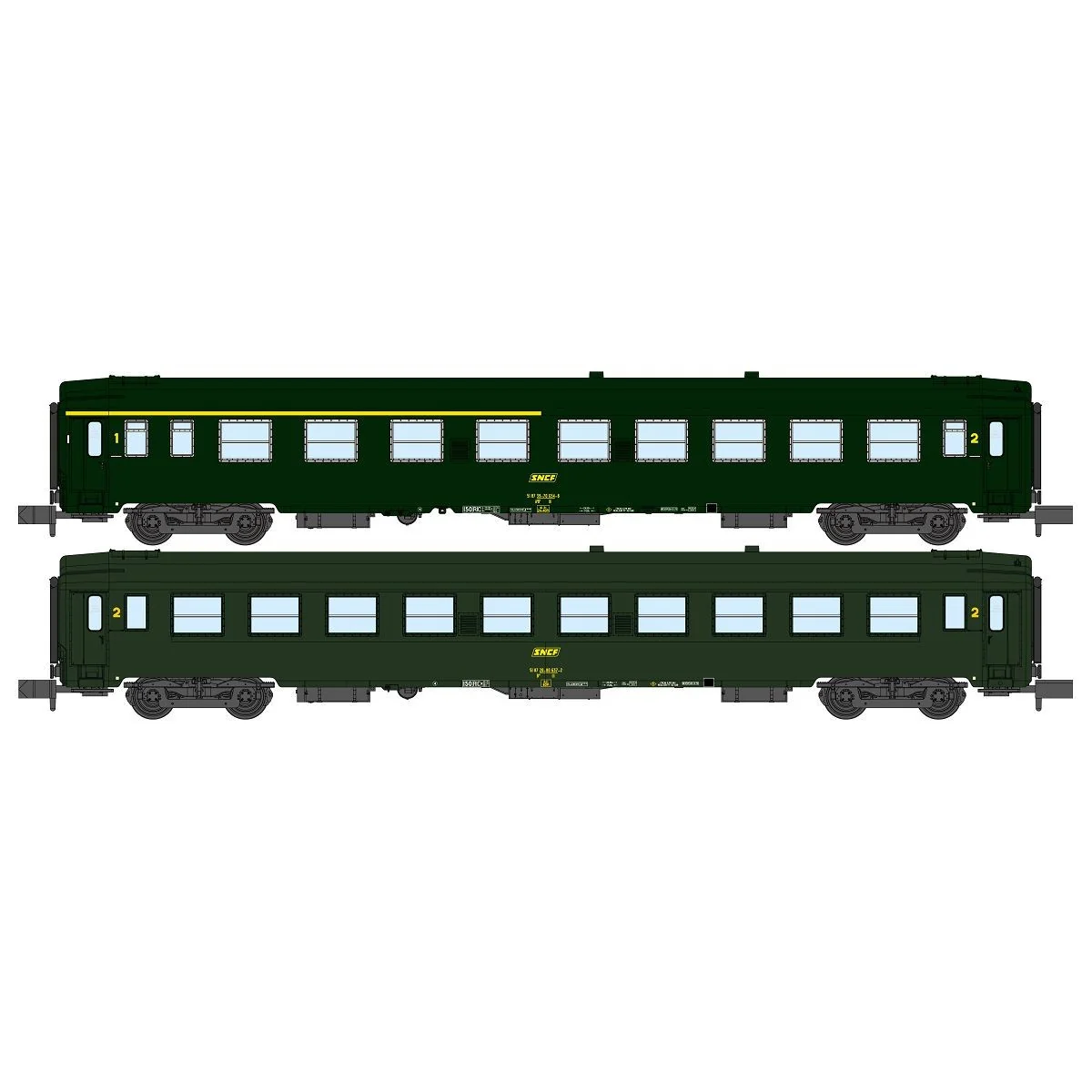REE Modeles NW258 Set de 2 voitures voyageurs UIC, SNCF, A4B5 et B10 Vertes, logo jaune encadré, ep.IV, N- 1/160 Ree Modeles NW-