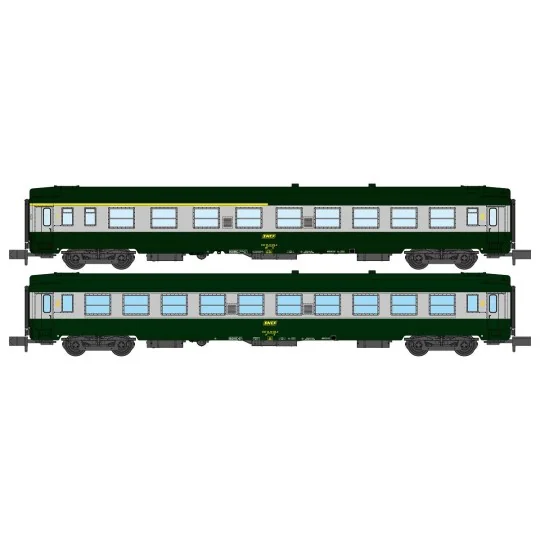NW-260-REE Modeles NW260 Set de 2 voitures voyageurs UIC, SNCF, A4B5 et B10 Verte/Alu, logo jaune encadré, ep.IV, N- 1/160
