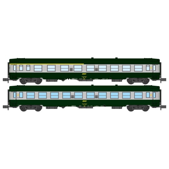 NW-260-REE Modeles NW260 Set of 2 UIC, SNCF passenger cars, A4B5 and B10 Green/Aluminum, yellow framed logo, ep.IV, N- 1/160