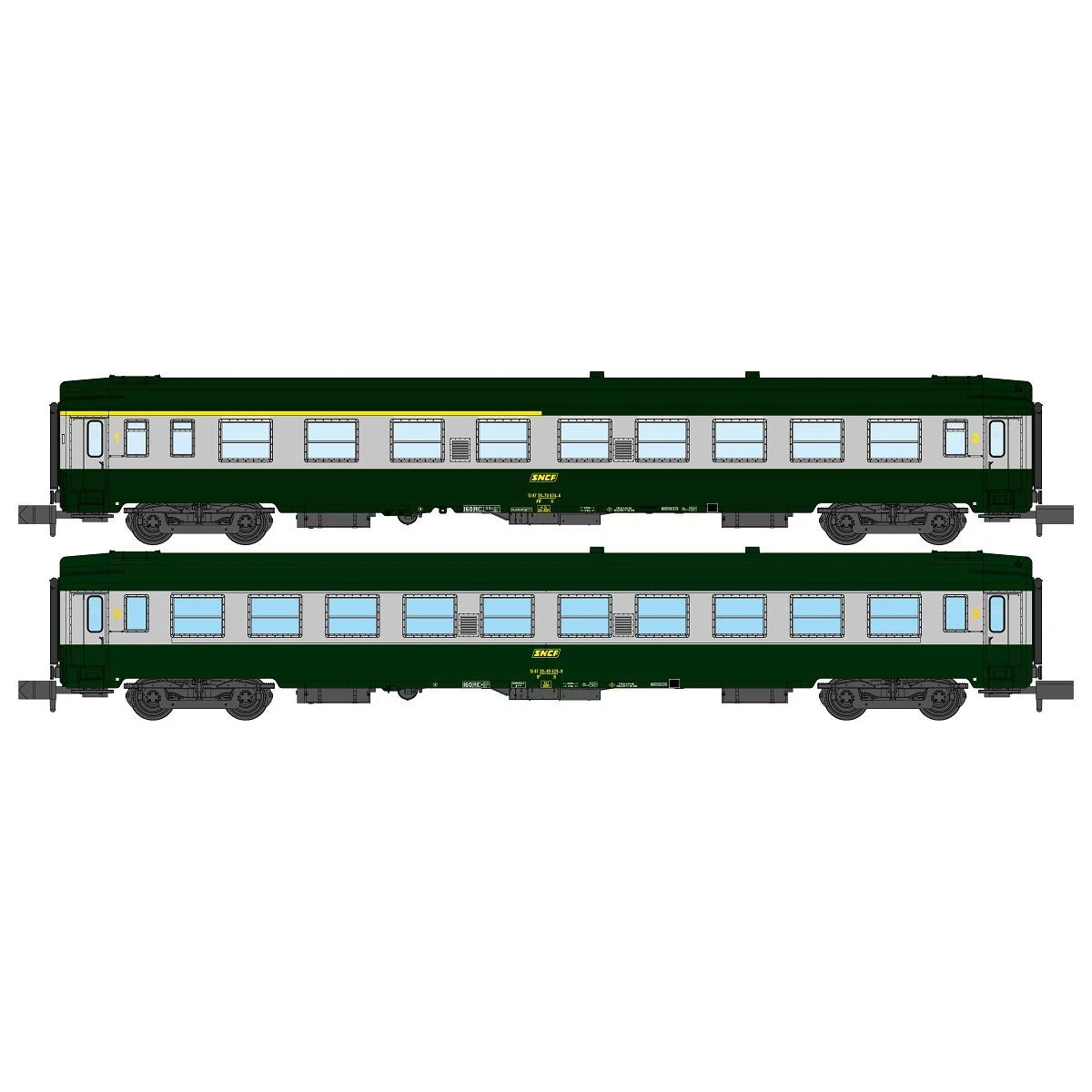 REE Modeles NW260 Set de 2 voitures voyageurs UIC, SNCF, A4B5 et B10 Verte/Alu, logo jaune encadré, ep.IV, N- 1/160 Ree Modeles 