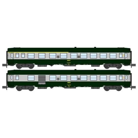 NW-261-REE Modeles NW261 Set de 2 voitures voyageurs UIC, SNCF, A4B5 et B5D Verte/Alu, logo jaune encadré, ep.IV, N- 1/160