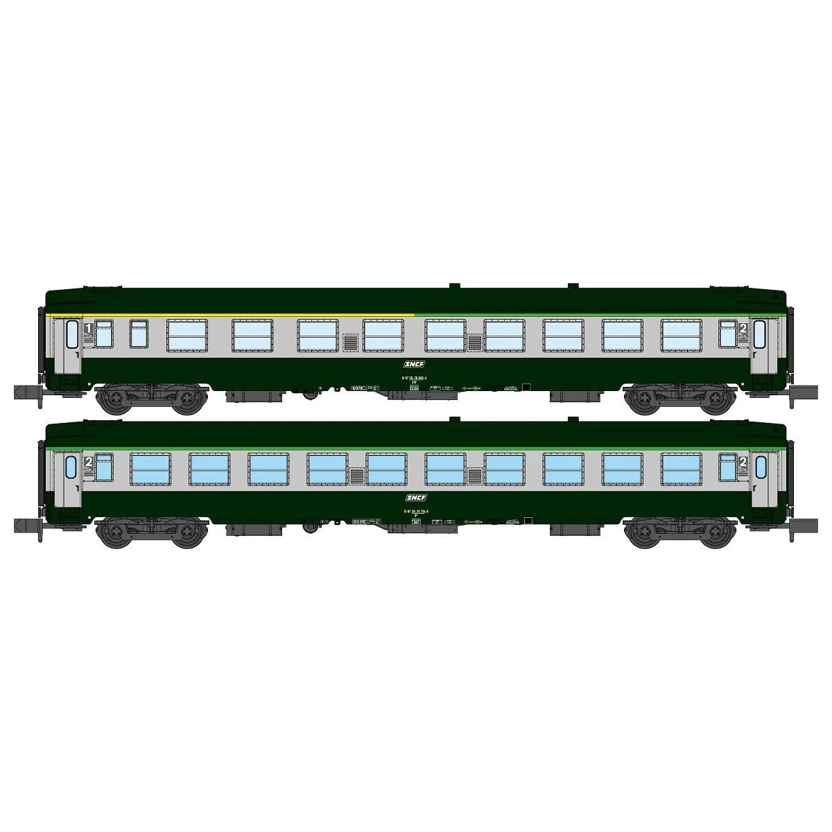 REE Modeles NW263 Set de 2 voitures voyageurs UIC, SNCF, A4B5 et B10 Verte/Gris béton, logo blanc encadré, ep.V, N- 1/160 Ree Mo