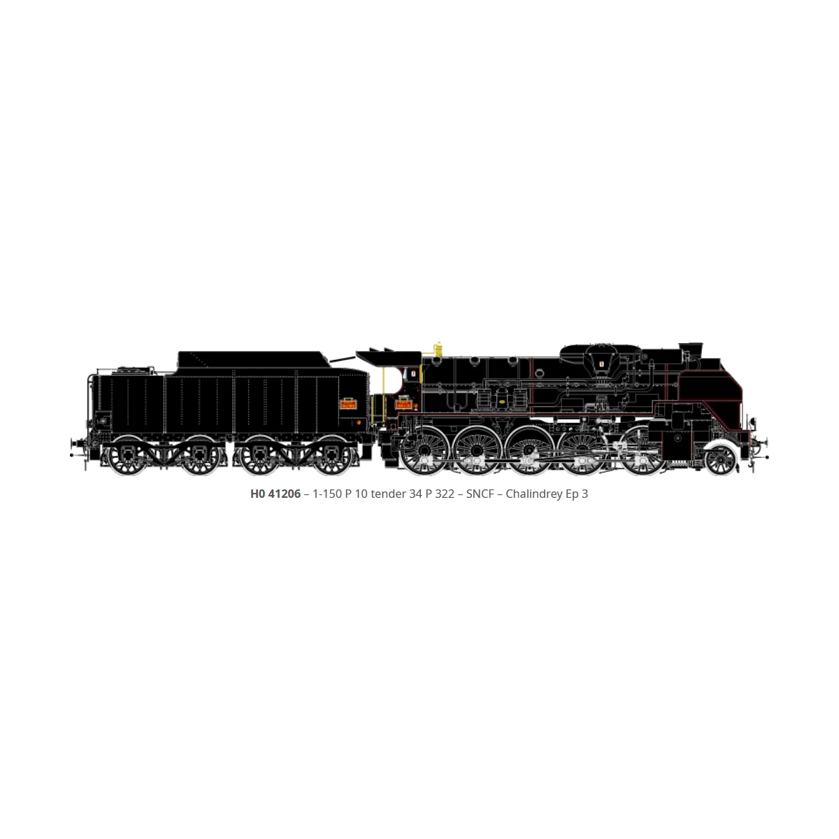 R37 HO41206DS Steam locomotive 1-150 P 10 tender 34 P 322, SNCF, bl...