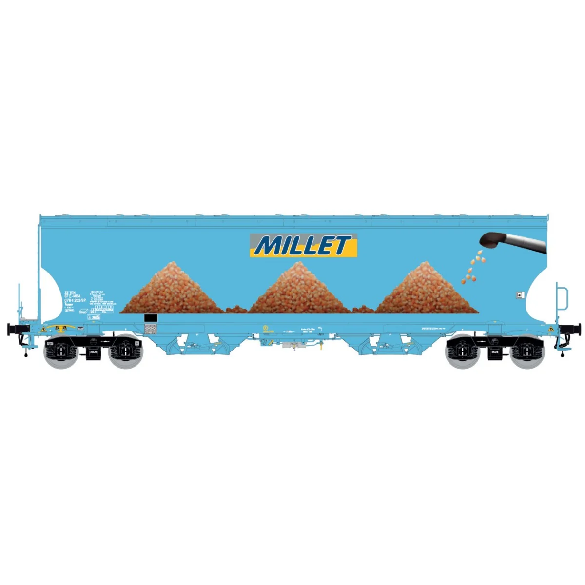 LS Models 30593 Tagnpps hopper wagons, light blue, new Millet logo LS Models 30593 Tagnpps hopper wagons, light blue, new Millet logo