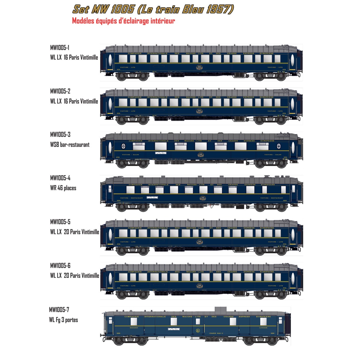Models Word 1005 Set of 7 Le Train Bleu 1957 carriages, CIWL, illum...