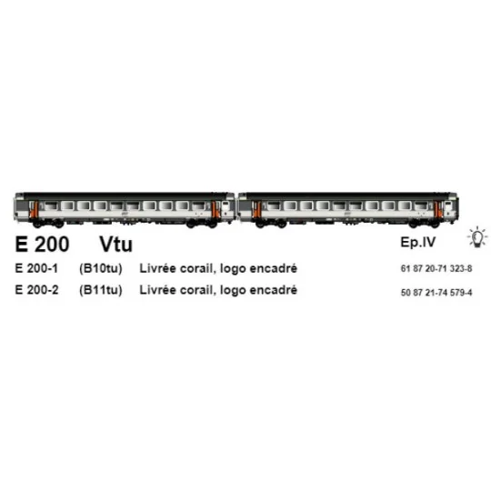 LSM_E200-LS Models E200 Set de 2 voitures corail VTU, SNCF, B10tu / B11tu, logo Encadré, éclairée