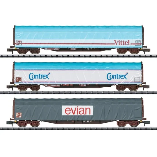 MiniTrix 15375 Set of 3 sliding-sided wagons "Transport of... Trix_15375-MiniTrix 15375 Set of 3 sliding-sided wagons "Mineral Water Transport", SNCF, N scale