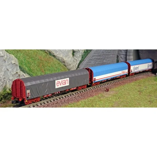 MiniTrix 15375 Set of 3 sliding-sided wagons "Transport of... Trix_15375-MiniTrix 15375 Set of 3 sliding-sided wagons "Mineral Water Transport", SNCF, N scale
