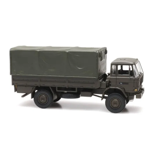 Arti_487.051.04-Artitec 487.051.04 DAF flatbed truck with canvas cover, Dutch Army, A-type cab, 1970, short chassis