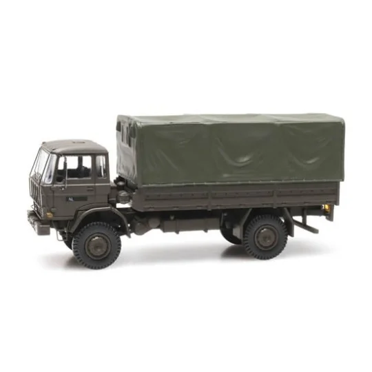 Arti_487.051.04-Artitec 487.051.04 DAF flatbed truck with canvas cover, Dutch Army, A-type cab, 1970, short chassis
