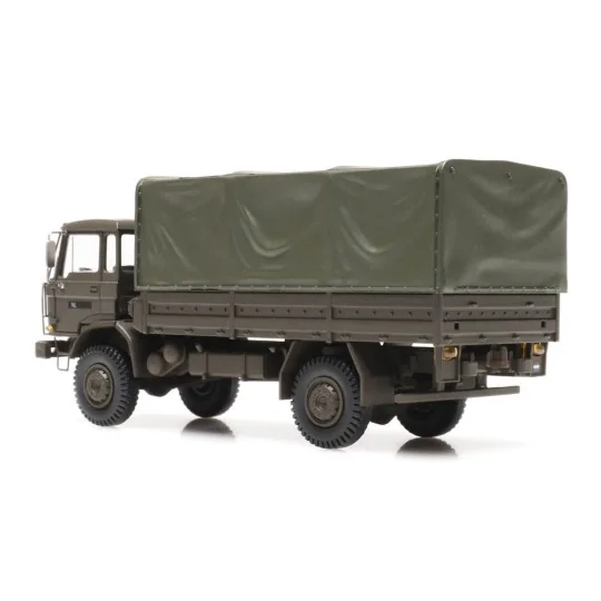 Arti_487.051.04-Artitec 487.051.04 DAF flatbed truck with canvas cover, Dutch Army, A-type cab, 1970, short chassis
