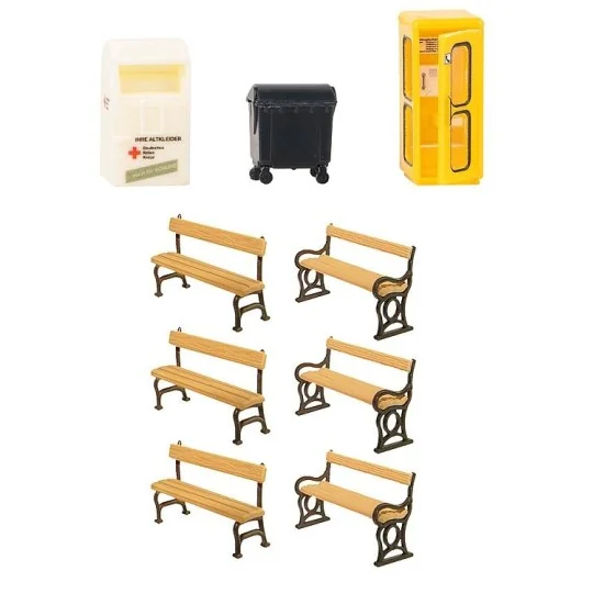 Faller 180452 Model Kit, City Development Set, Telephone Booth... Faller_180452-Faller 180452 Model Kit, Town Furnishings Set, Telephone Booth, Benches