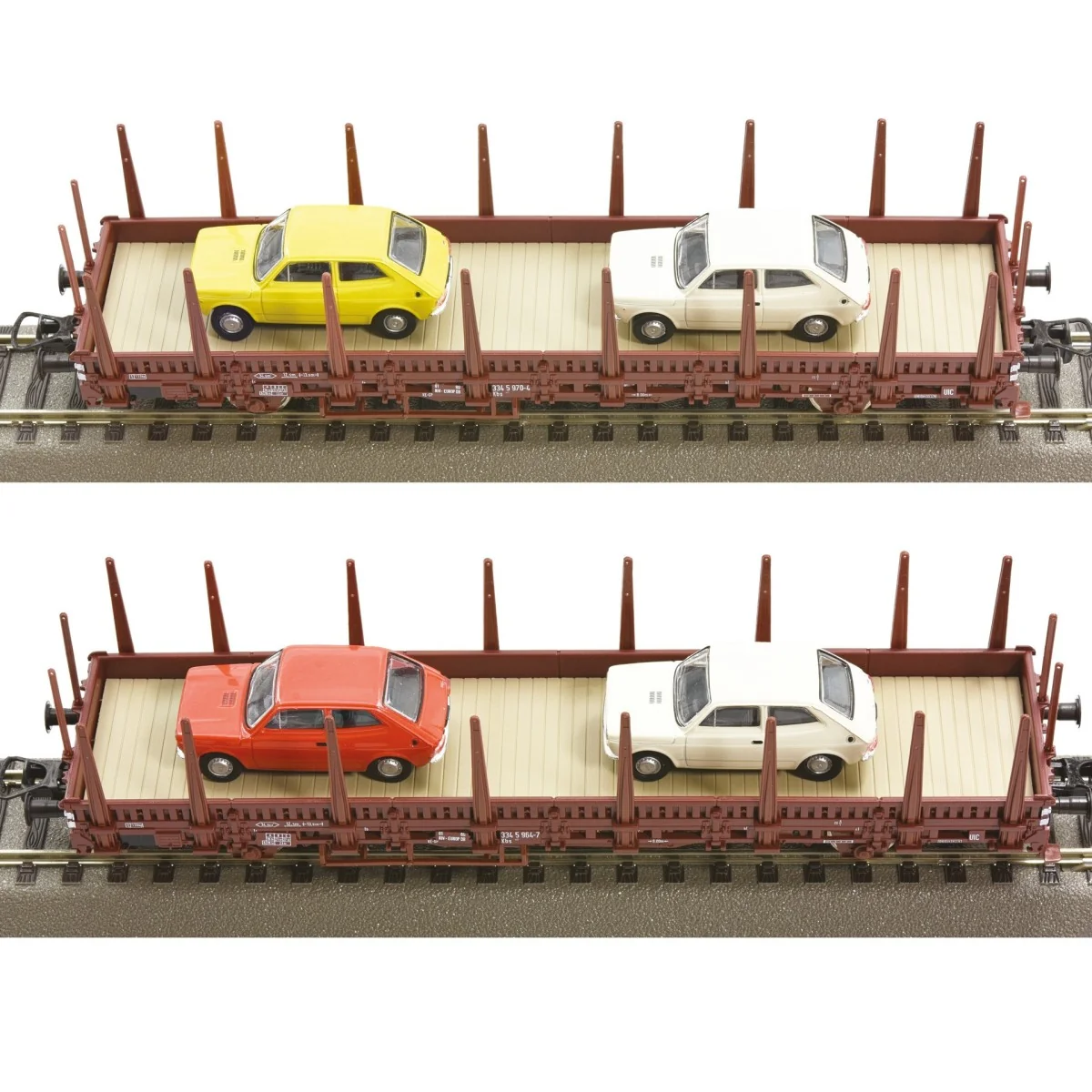 Roco 67086 Set of 2 slatted axle wagons, brown, DB, loaded with car...