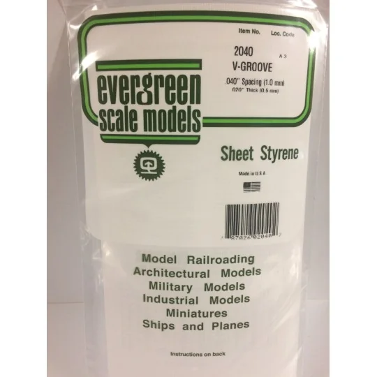 S1372040-V-grooved plate 0.50x1.0x150x300mm Ref: 2040 - Evergreen - S1372040