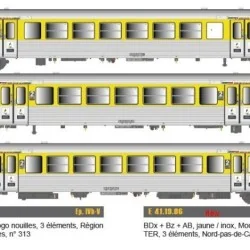 EPM 41.19.16 Rame Réversible Régional SNCF, RRR Languedoc Roussillon, jaune / inox, logo nouilles, n°313 EPM, Euro Passion Model