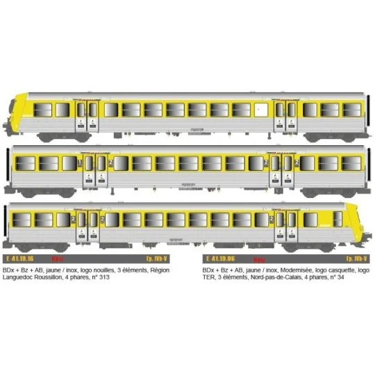 EPM_E_41.19.16-EPM 41.19.16 SNCF Regional Reversible Trainset, RRR Languedoc Roussillon, yellow/stainless steel, noodle logo, no. 313