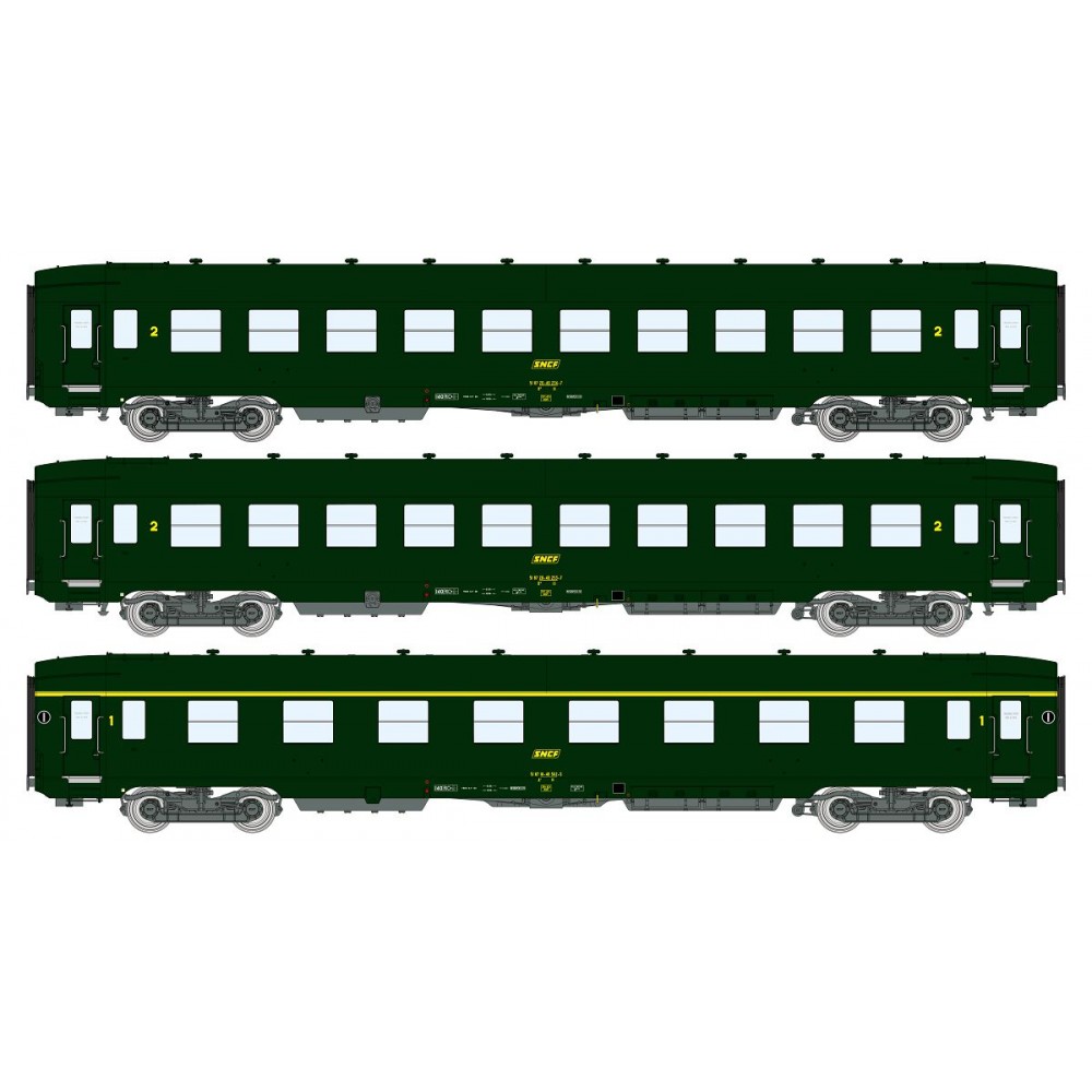 Ree Modeles VB392 Set de 3 voitures voyageurs DEV AO courtes, SNCF, B10 U52 / A8, vert 306, ep.IV Ree Modeles VB-392 - 1