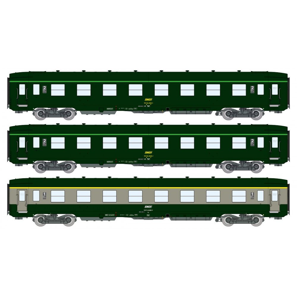 Ree Modeles VB396 Set de 3 voitures voyageurs DEV AO courtes, SNCF, A7x ex B8 / 2x B8 ex-A8, vert 302, ep.IV-V Ree Modeles VB-39