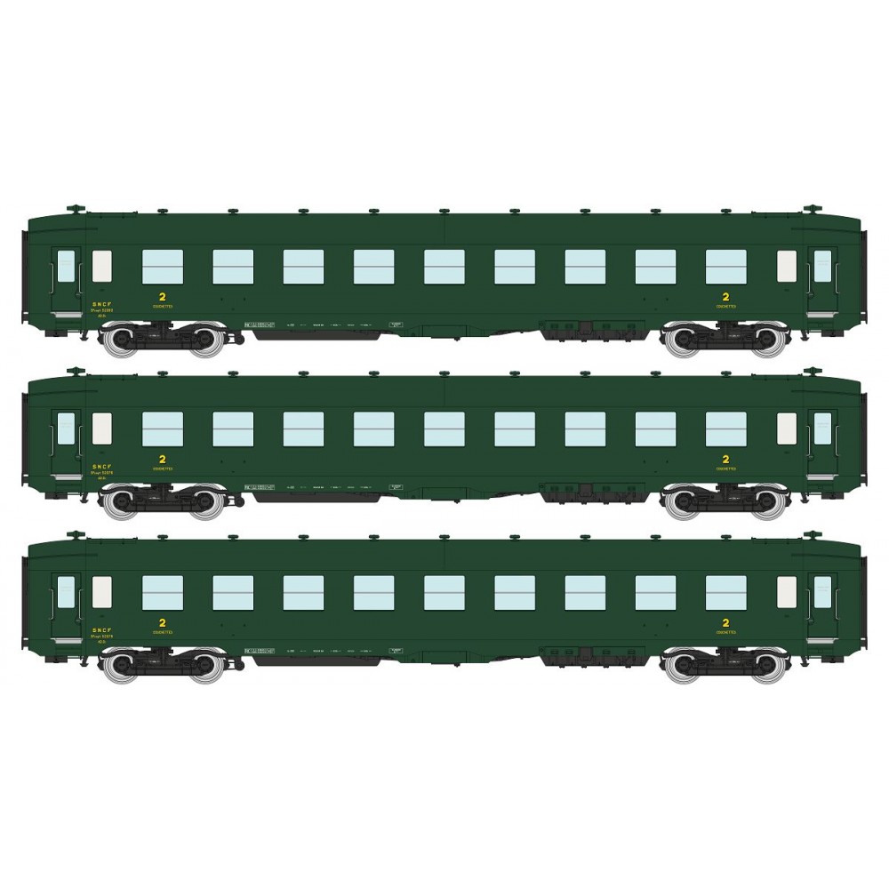 Ree Modeles VB399 Set de 3 voitures voyageurs DEV AO Couchettes, SNCF, B9c9 myfi, vert 306, ep.III Ree Modeles VB-399 - 1