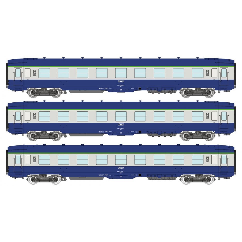 Ree Modeles VB402 Set de 3 voitures voyageurs DEV AO Couchettes, SNCF, B9c9, Bleue/Gris, logo encadré, ep.IV-V Ree Modeles VB-40