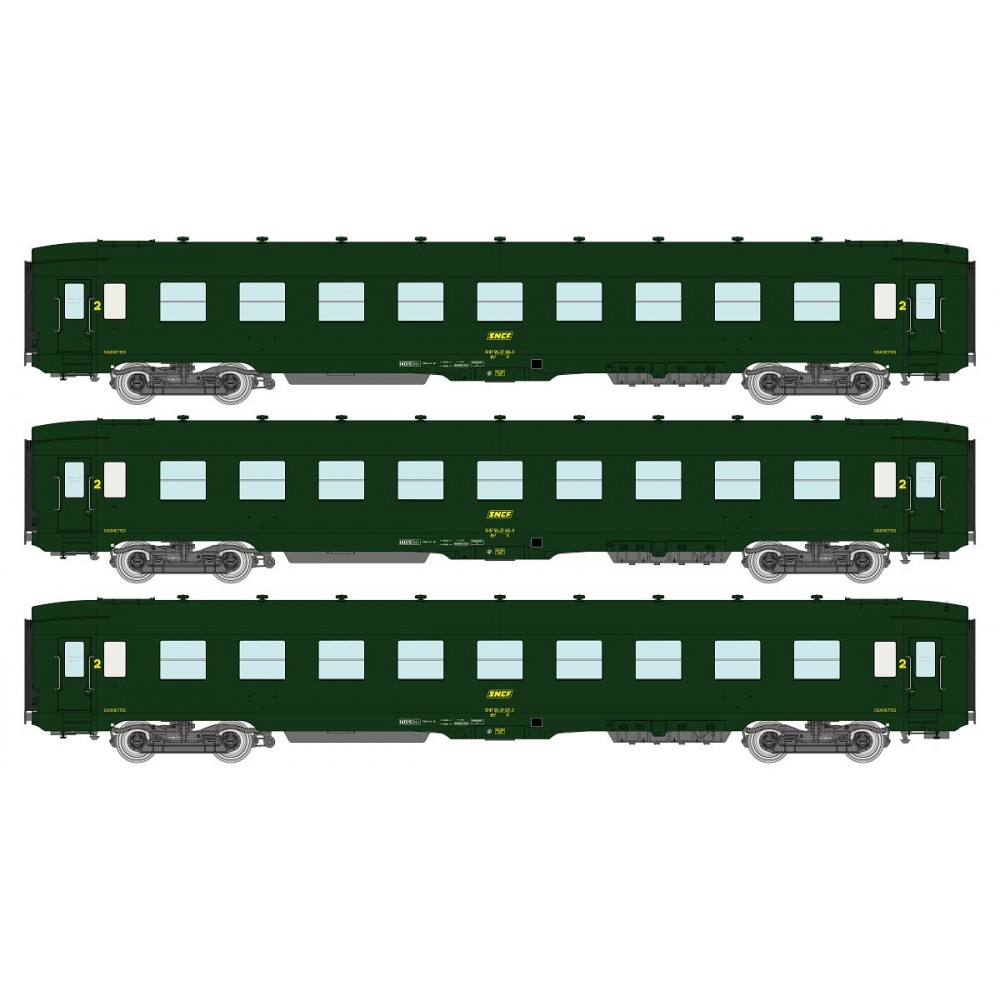 Ree Modeles VB405 Set de 3 voitures voyageurs DEV AO Couchettes, SNCF, B9c9, Vert 301, logo encadré, ep.IV Ree Modeles VB-405 - 