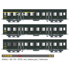 EPM 41.33.05 Set de 3 voitures Romilly, A5B4tz + B9 1/2t + B7Dt, châssis gris, logo encadré jaune, SNCF, éclairé EPM, Euro Passi