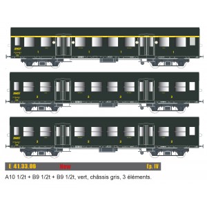 EPM 41.33.06 Set de 3 voitures Romilly, A10 1/2t + B9 1/2t + B9 1/2t, châssis gris, logo encadré jaune, SNCF, éclairé EPM, Euro 