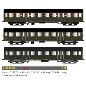 EPM 41.33.09 Set de 3 voitures Romilly, Atmyp + Btmyfp + Btmyp, châssis noir, SNCF, éclairé EPM, Euro Passion Models EPM_41.33.0