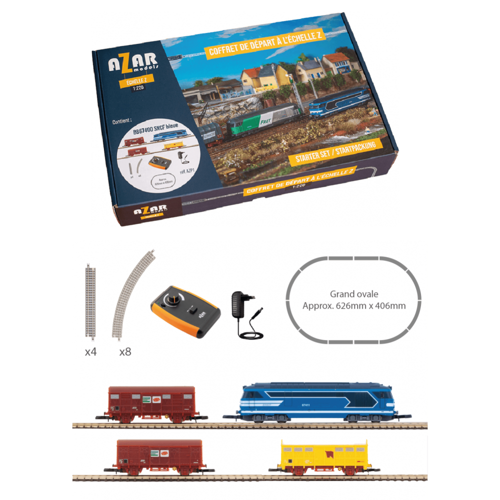 Azar AZP01 Coffret de départ train de marchandises, locomotive BB 67400 bleue SNCF, échelle Z AZAR Models AZAR_AZP01 - 1