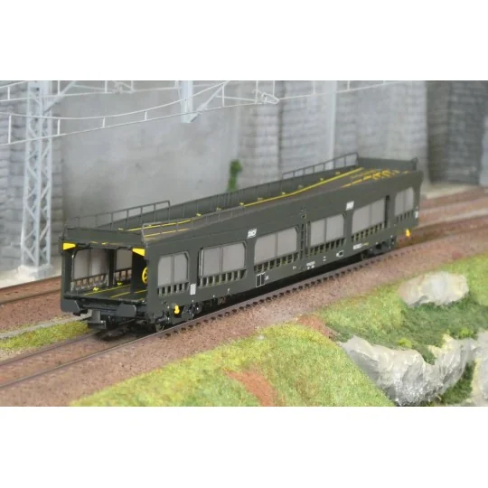 SNCF DD DEV 66 car transporter wagon, green livery, white framed lo... HJ4209-SNCF DD DEV 66 car transporter wagon, green livery, white framed logo, with semi-transparent panels, era IV-V - Jouef HJ4209