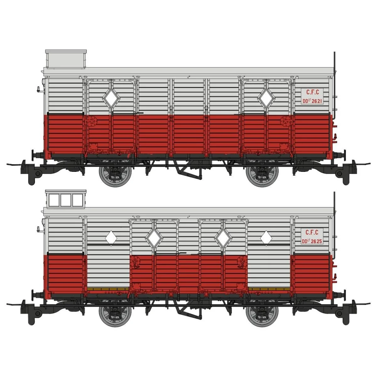 Set de 2 wagons fourgons CFC, rouge/gris, ep. III-IV, HOm - Ree Mod...