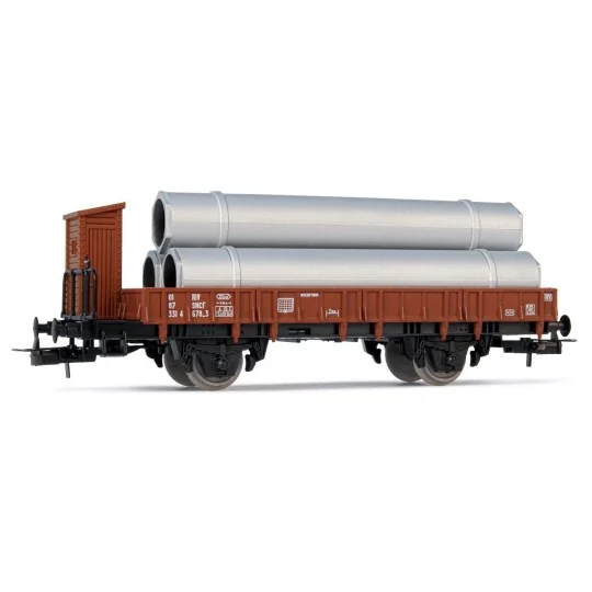 Jouef HJ5704 Flat wagon with sideboards, brown with guard's cabin, ... HJ5704-Jouef HJ5704 Flat wagon with sideboards, brown with guard's cabin, loaded with pipes, SNCF