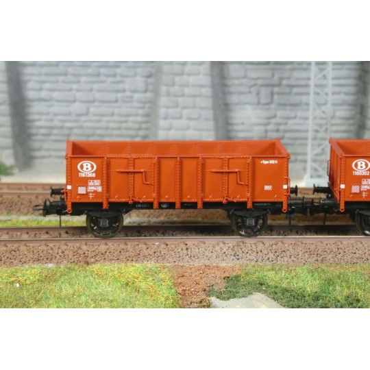 WB-923-Ree Modeles WB923 Set de 2 wagons Tombereau caisse métallique, brun, SNCB, ep.III