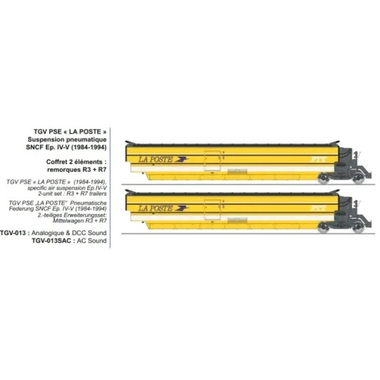 Coffret 3 remorques complémentaires TGV PSE « La Poste » SNCF - REE... TGV-013-Coffret 3 remorques complémentaires TGV PSE « La Poste » SNCF - REE, HO 1/87