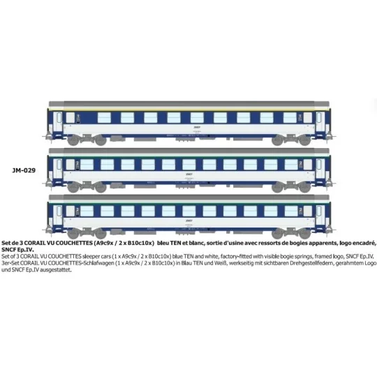 Set de 3 voitures VU couchettes CORAIL A9c9x / B10c10x - HO - REE J... JM-029-Set de 3 voitures VU couchettes CORAIL A9c9x / B10c10x - HO - REE JM029