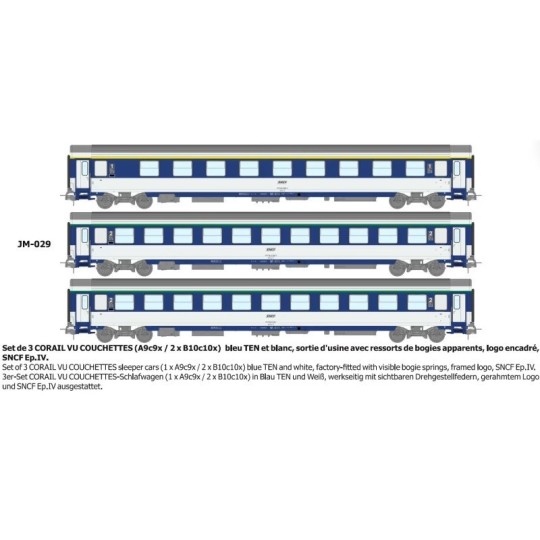 Set of 3 CORAIL A9c9x / B10c10x sleeping cars - HO - REE JM029 JM-029-Set of 3 CORAIL A9c9x / B10c10x sleeping cars - HO - REE JM029
