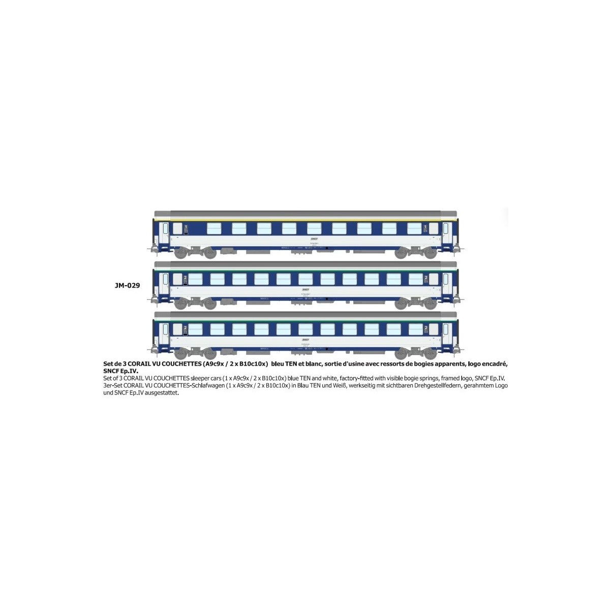 Set de 3 voitures VU couchettes CORAIL A9c9x / B10c10x - HO - REE J...