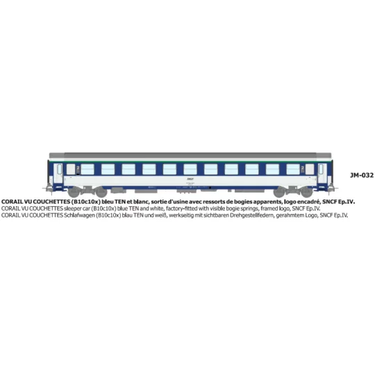 Voiture VU couchettes CORAIL B10c10x, logo encadré - HO - REE JM032 JM-032-Voiture VU couchettes CORAIL B10c10x, logo encadré - HO - REE JM032