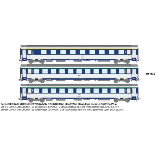 Set de 3 voitures CORAIL VU couchettes A9c9x + 2x B10c10x bleu TEN ... JM-033-Set de 3 voitures CORAIL VU couchettes A9c9x + 2x B10c10x bleu TEN blanc SNCF - HO - REE JM033
