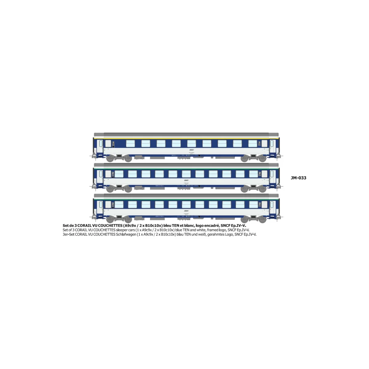 Set de 3 voitures CORAIL VU couchettes A9c9x + 2x B10c10x bleu TEN ... Set de 3 voitures CORAIL VU couchettes A9c9x + 2x B10c10x bleu TEN ...