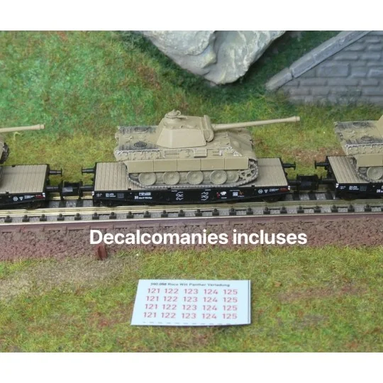 Fleischmann 845606 Set of 3 flat wagons for transporting heavy load... Fle_845606-Fleischmann 845606 Set of 3 flat wagons for transporting heavy loads, DRB, loaded with Panther tanks, N scale