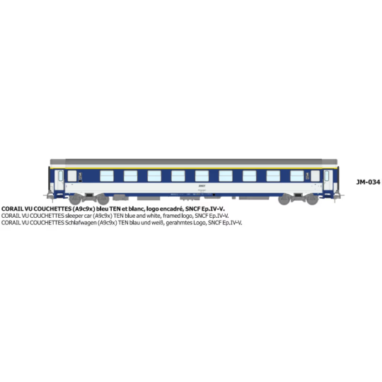 Voiture VU couchettes CORAIL A9c9x, logo encadré - HO - REE JM034 JM-034-Set de 3 voitures CORAIL VU couchettes A9c9x + 2x B10c10x bleu TEN blanc SNCF - HO - REE JM033 - JM-034