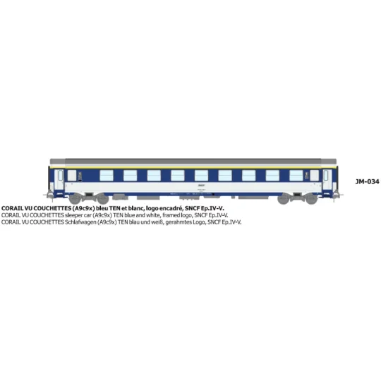Voiture VU couchettes CORAIL A9c9x, logo encadré - HO - REE JM034 JM-034-Voiture VU couchettes CORAIL A9c9x, logo encadré - HO - REE JM034