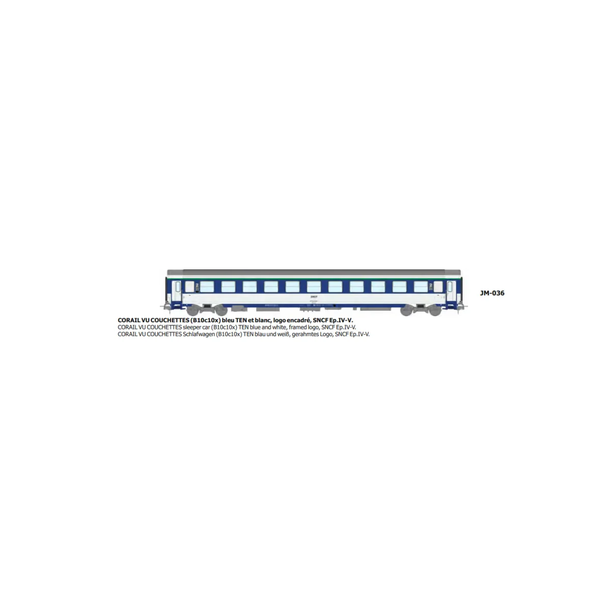 Voiture VU couchettes CORAIL B10c10x, logo encadré - HO - REE JM036